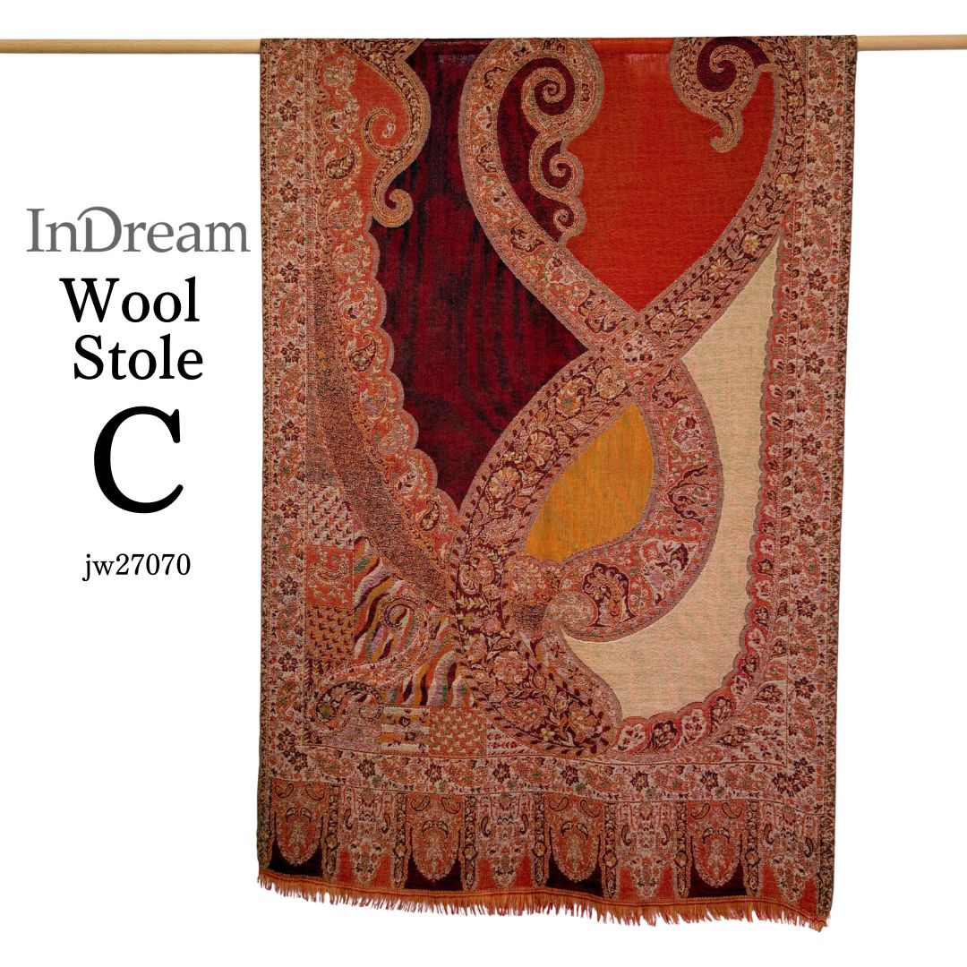 InDream ペイズリー柄 ウール ストール 大判 ［72cmx206cm］ブラウン 赤 ひざ掛け マフラ? 春 秋 冬 誕生日 プレゼント クリスマス ギフト 50代 60代 70代 80代 おしゃれ 着物 ショール インテリア