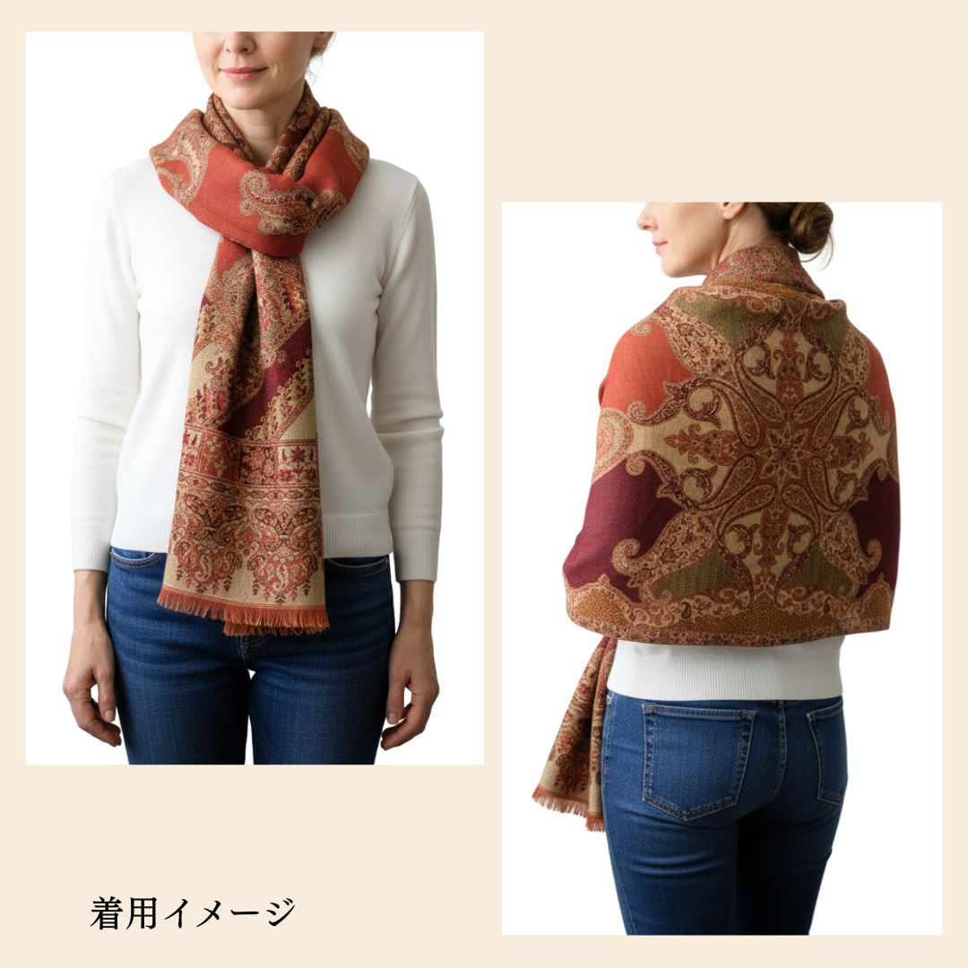 InDream ペイズリー柄 ウール ストール 大判 ［72cmx206cm］ブラウン 赤 ひざ掛け マフラ? 春 秋 冬 誕生日 プレゼント クリスマス ギフト 50代 60代 70代 80代 おしゃれ 着物 ショール インテリア