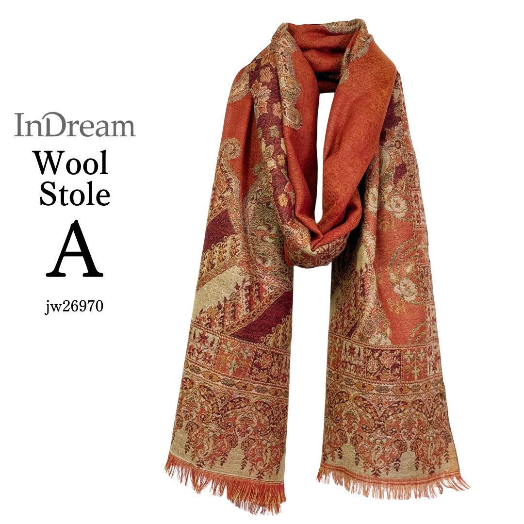 InDream ペイズリー柄 ウール ストール 大判 ［72cmx206cm］ブラウン 赤 ひざ掛け マフラ? 春 秋 冬 誕生日 プレゼント クリスマス ギフト 50代 60代 70代 80代 おしゃれ 着物 ショール インテリア