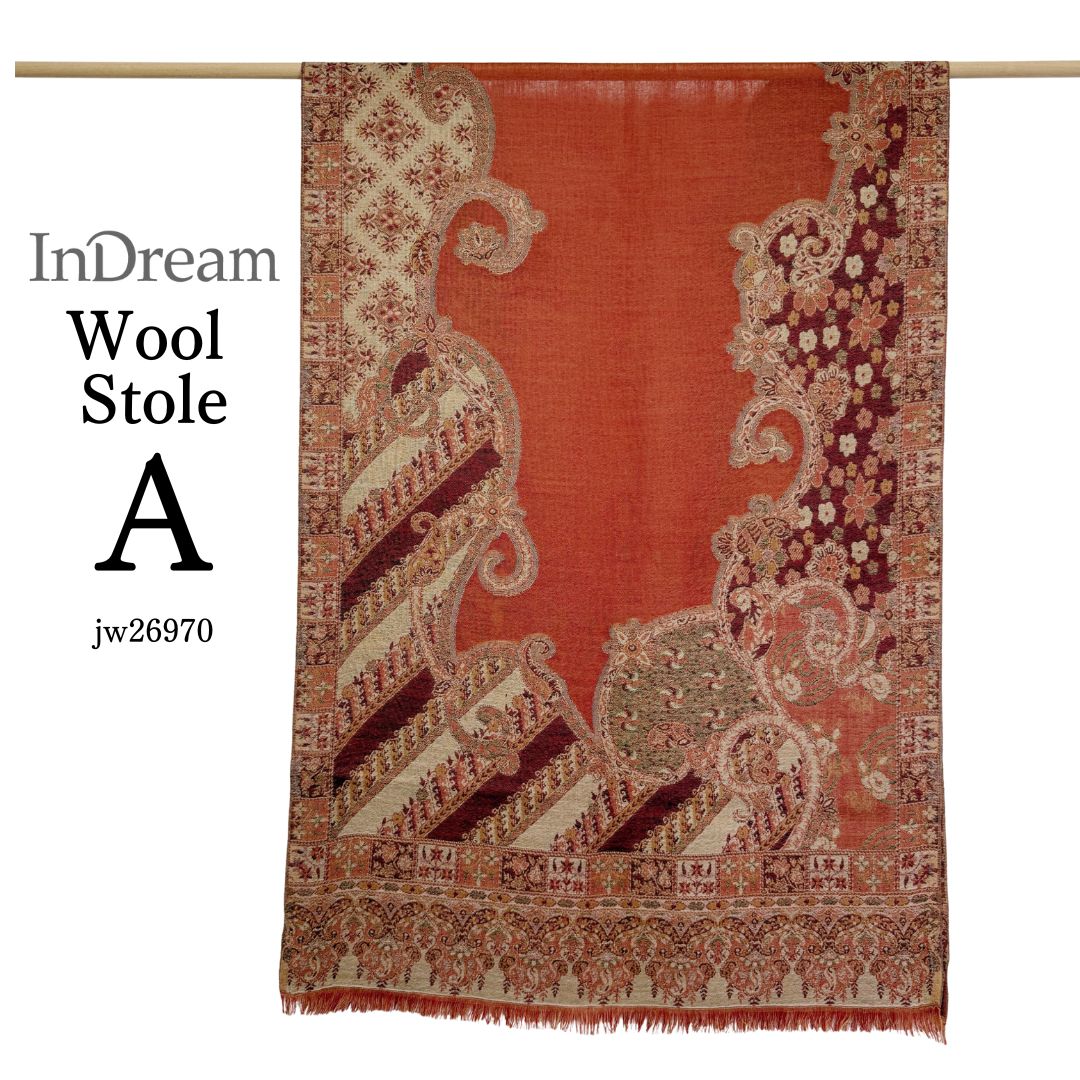 InDream ペイズリー柄 ウール ストール 大判 ［72cmx206cm］ブラウン 赤 ひざ掛け マフラ? 春 秋 冬 誕生日 プレゼント クリスマス ギフト 50代 60代 70代 80代 おしゃれ 着物 ショール インテリア