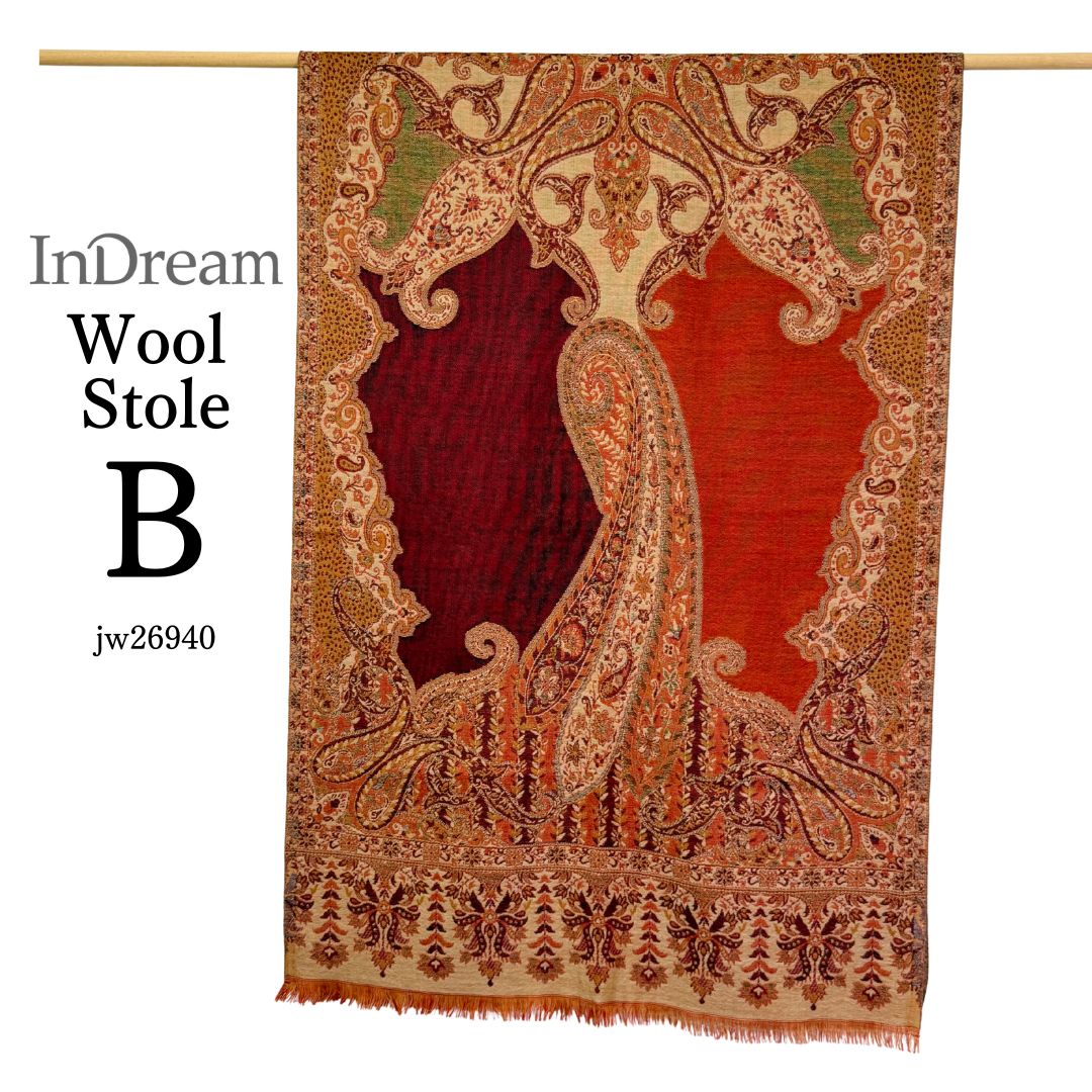 InDream ペイズリー柄 ウール ストール 大判 ［72cmx206cm］ブラウン 赤 ひざ掛け マフラ? 春 秋 冬 誕生日 プレゼント クリスマス ギフト 50代 60代 70代 80代 おしゃれ 着物 ショール インテリア