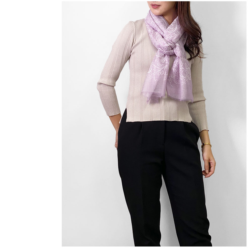 InDream シルクコットン ストール 紫 パープル ホワイト 刺繍 結婚式 パーティー クリスマス ギフト おしゃれ 誕生日 プレゼント 30代 40代 50代 60代 70代