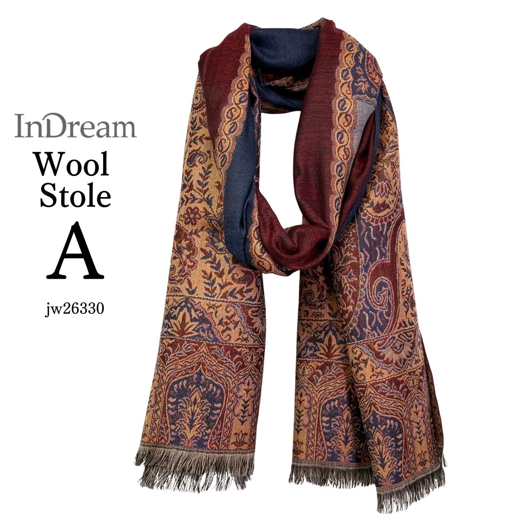 InDream ペイズリー柄 ウール ストール 大判［70cmx205cm］ネイビー ブラウン 黒 誕生日 プレゼント クリスマス ギフト 50代 60代 70代 80代 おしゃれ 秋 冬 ひざ掛け スカーフ レディース メンズ マフラー 女性