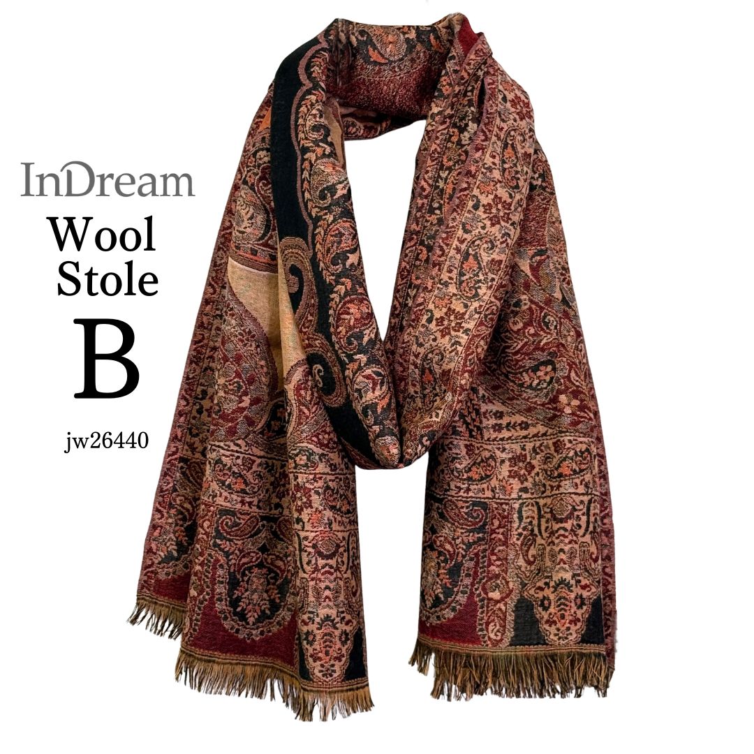 InDream ペイズリー柄 ウール ストール 大判［70cmx205cm］ネイビー ブラウン 黒 誕生日 プレゼント クリスマス ギフト 50代 60代 70代 80代 おしゃれ 秋 冬 ひざ掛け スカーフ レディース メンズ マフラー 女性