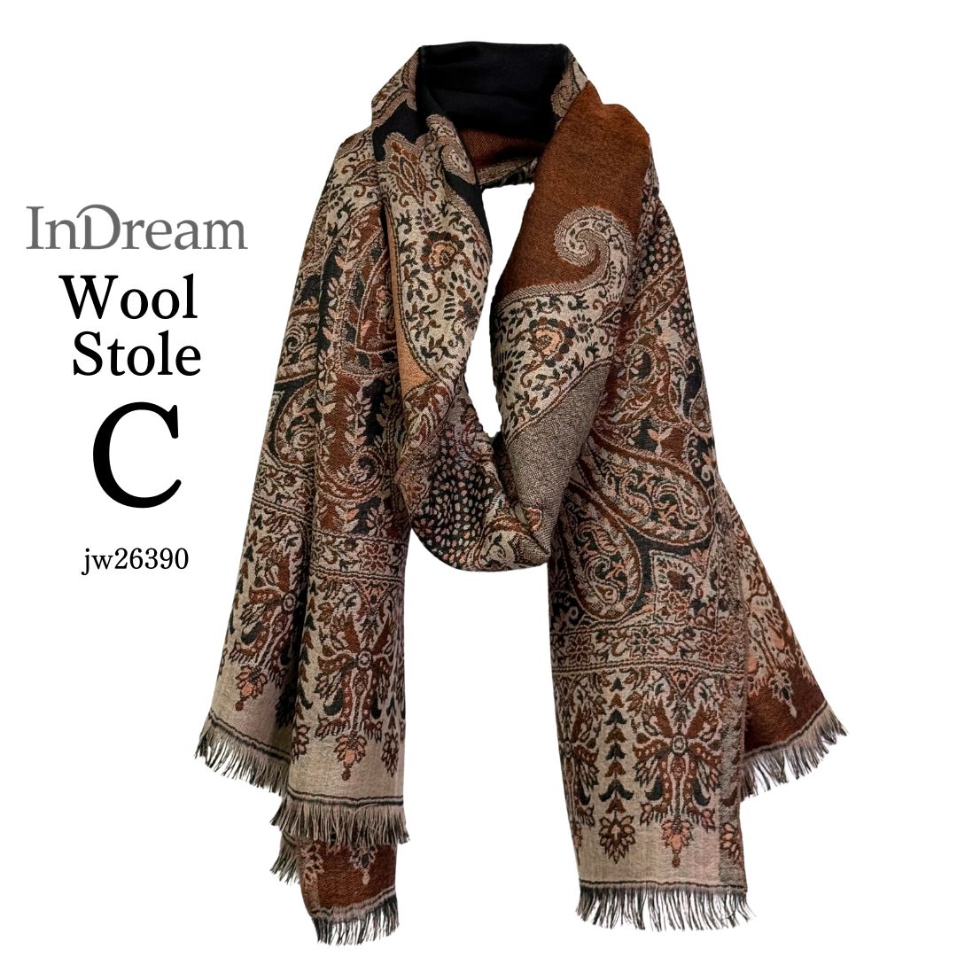 InDream ペイズリー柄 ウール ストール 大判［70cmx205cm］ネイビー ブラウン 黒 誕生日 プレゼント クリスマス ギフト 50代 60代 70代 80代 おしゃれ 秋 冬 ひざ掛け スカーフ レディース メンズ マフラー 女性