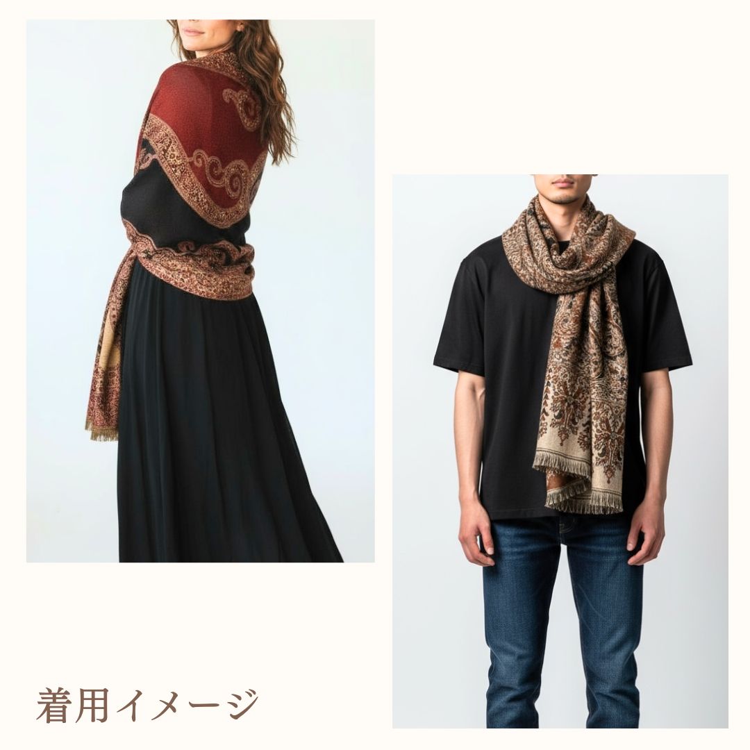 InDream ペイズリー柄 ウール ストール 大判［70cmx205cm］ネイビー ブラウン 黒 誕生日 プレゼント クリスマス ギフト 50代 60代 70代 80代 おしゃれ 秋 冬 ひざ掛け スカーフ レディース メンズ マフラー 女性