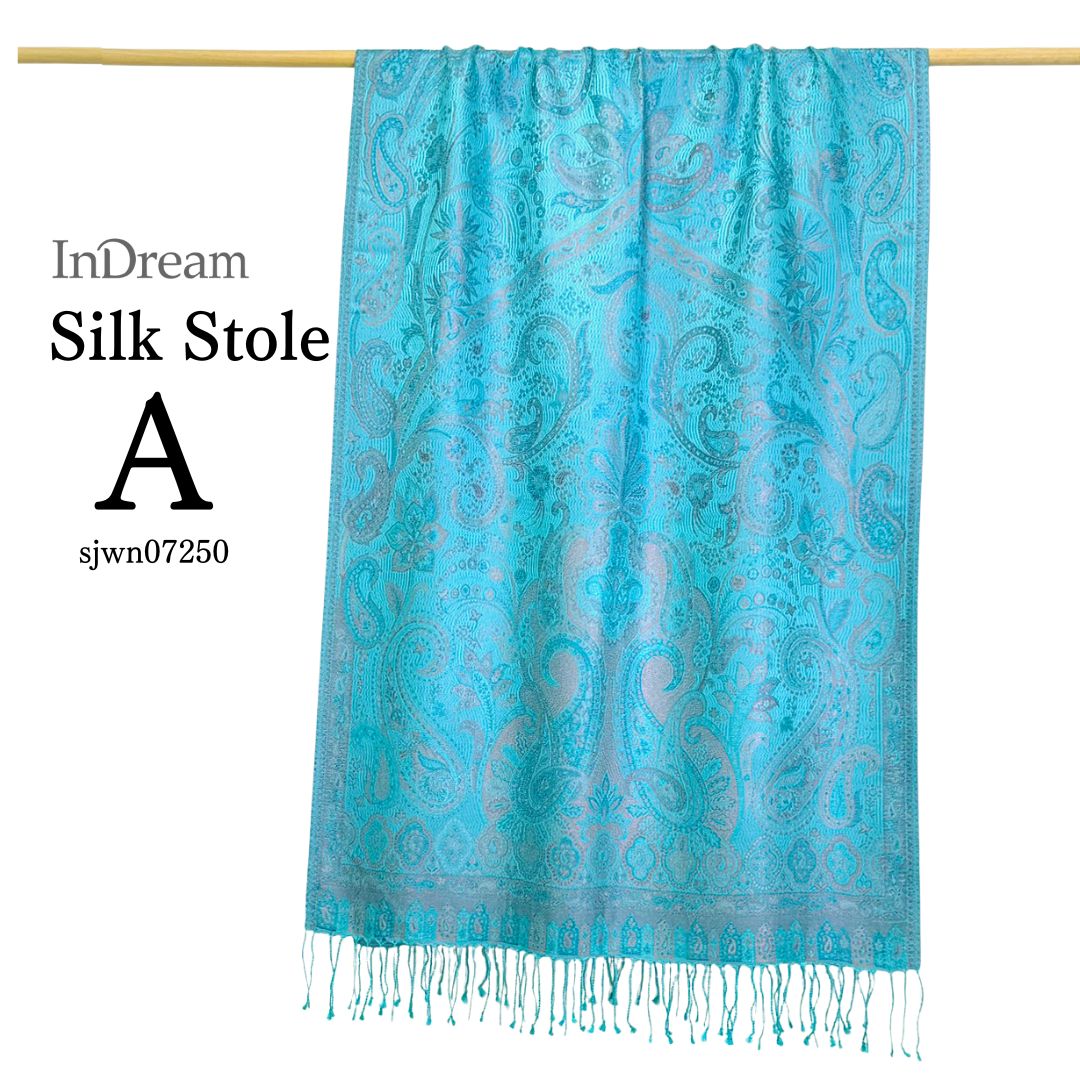 InDream ペイズリー柄 シルク ストール 大判 70cmx200cm ショール ブルー 水色 マフラ― クリスマス ギフト おしゃれ 誕生日 プレゼント おしゃれ 40代 50代 60代 70代 80代