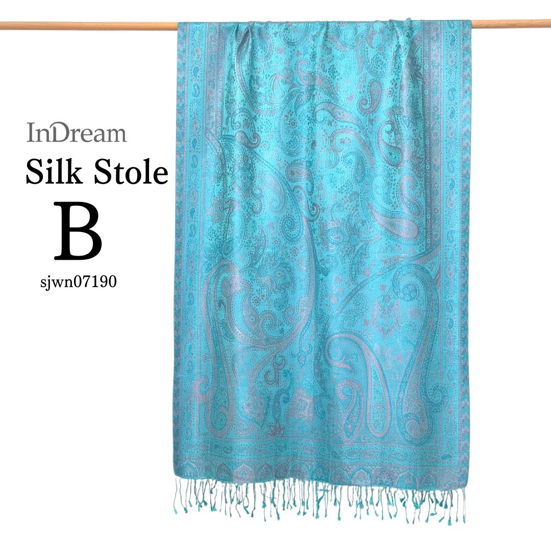 InDream ペイズリー柄 シルク ストール 大判 70cmx200cm ショール ブルー 水色 マフラ― クリスマス ギフト おしゃれ 誕生日 プレゼント おしゃれ 40代 50代 60代 70代 80代