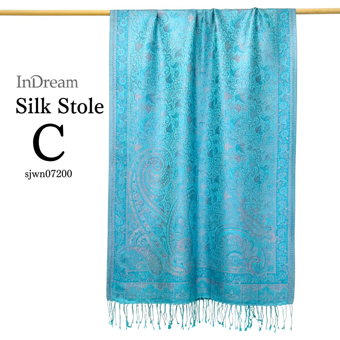 InDream ペイズリー柄 シルク ストール 大判 70cmx200cm ショール ブルー 水色 マフラ― クリスマス ギフト おしゃれ 誕生日 プレゼント おしゃれ 40代 50代 60代 70代 80代