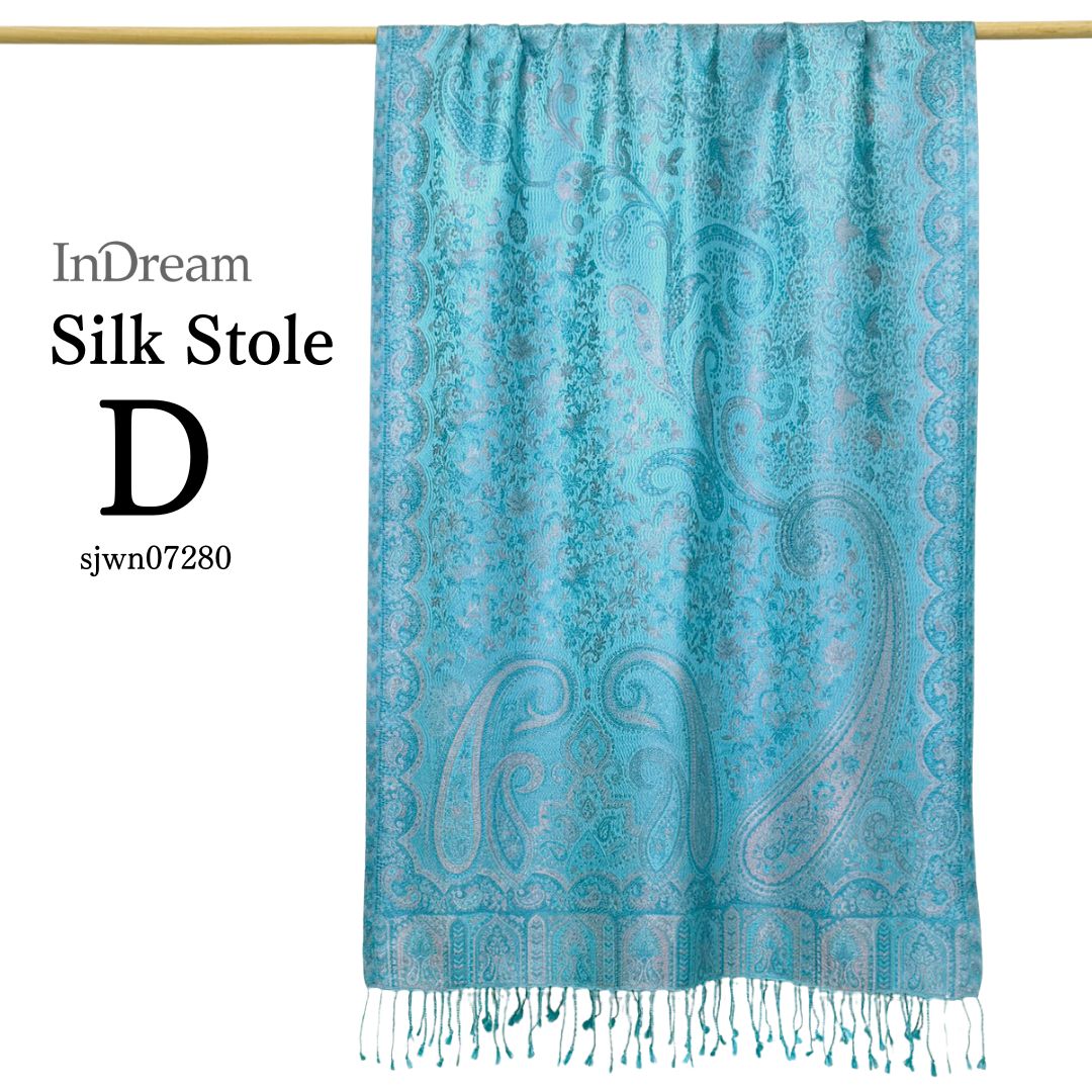 InDream ペイズリー柄 シルク ストール 大判 70cmx200cm ショール ブルー 水色 マフラ― クリスマス ギフト おしゃれ 誕生日 プレゼント おしゃれ 40代 50代 60代 70代 80代