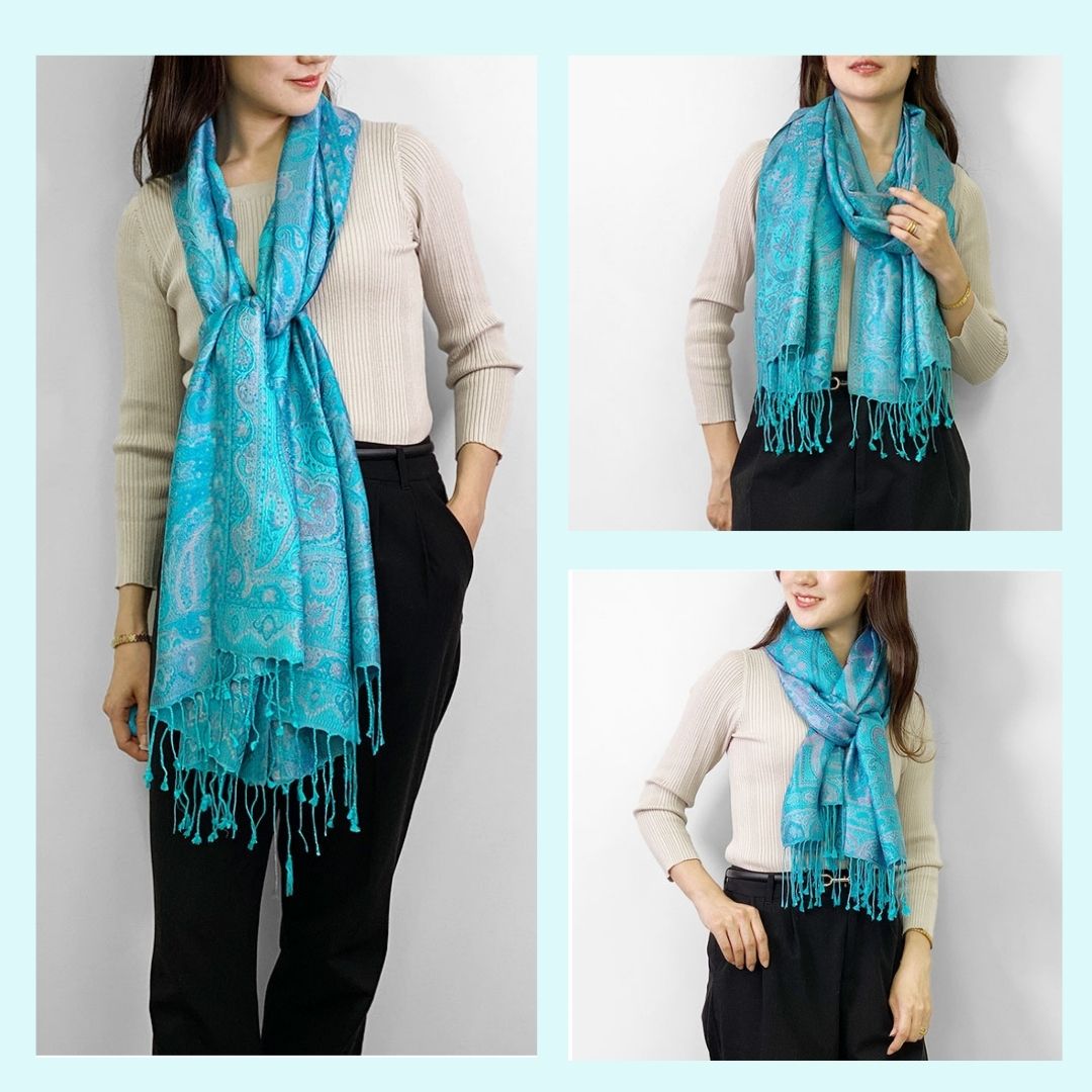 InDream ペイズリー柄 シルク ストール 大判 70cmx200cm ショール ブルー 水色 マフラ― クリスマス ギフト おしゃれ 誕生日 プレゼント おしゃれ 40代 50代 60代 70代 80代