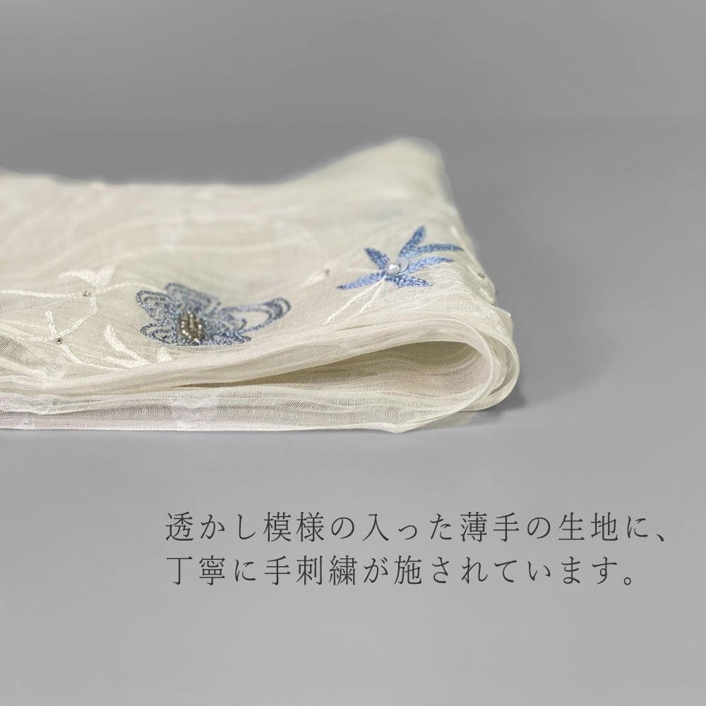 InDream シルク コットン ストール白 ホワイト /ブルー 花刺繍 結婚式 パーティー 30代 40代 50代 60代