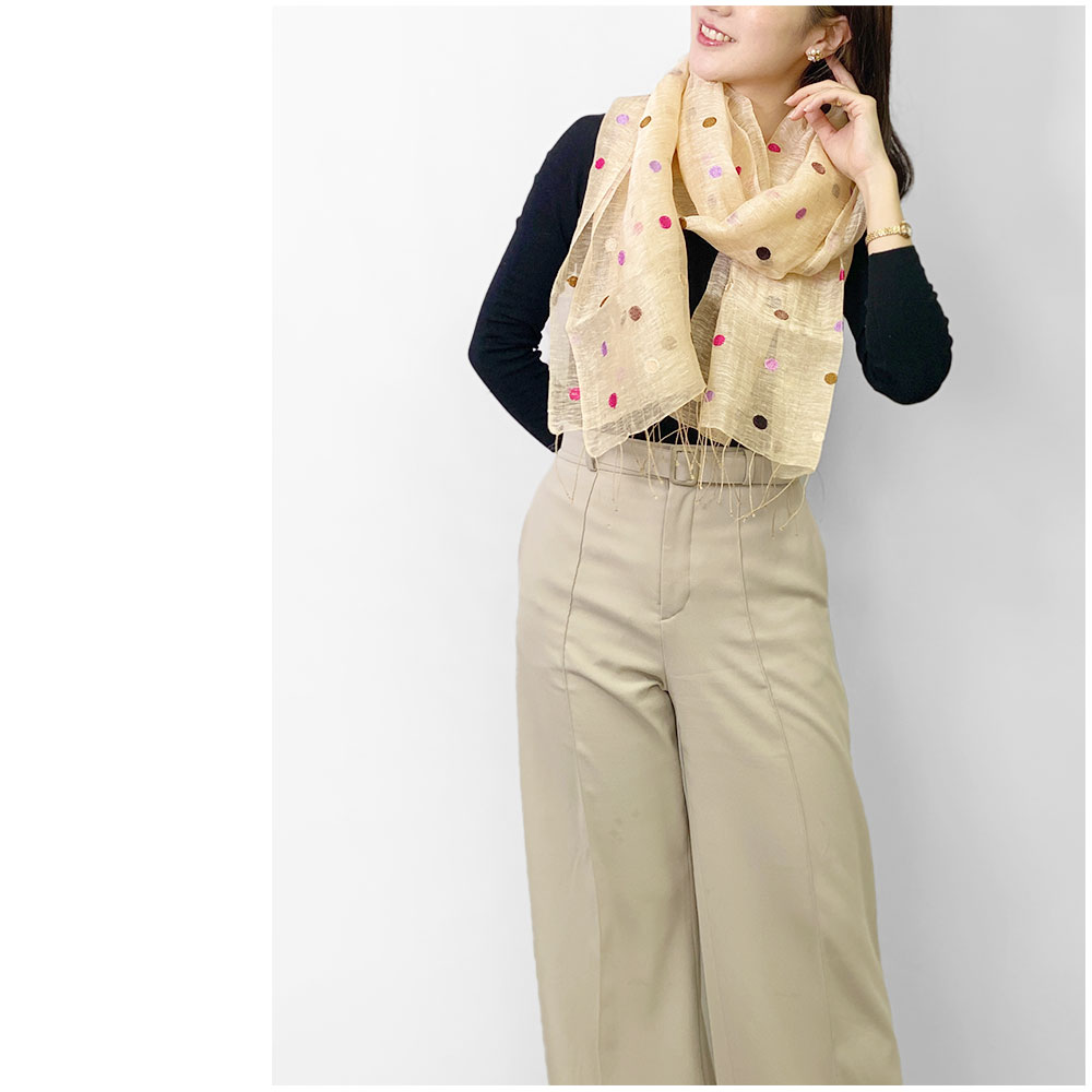 [訳ありSALE] InDream ストール シルクリネン 麻  パーティー カジュアル ドット ベージュ クリスマス ギフト おしゃれ 誕生日 プレゼント 春夏