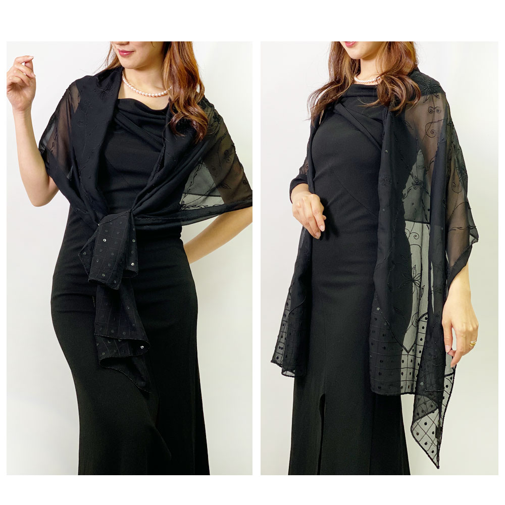 InDream シルク シフォン ストール 薄手 刺繍 ブラック 黒 スカーフ 大判 春夏 おしゃれ 結婚式 パーティー 母の日 ギフト おしゃれ 誕生日 プレゼント 女性