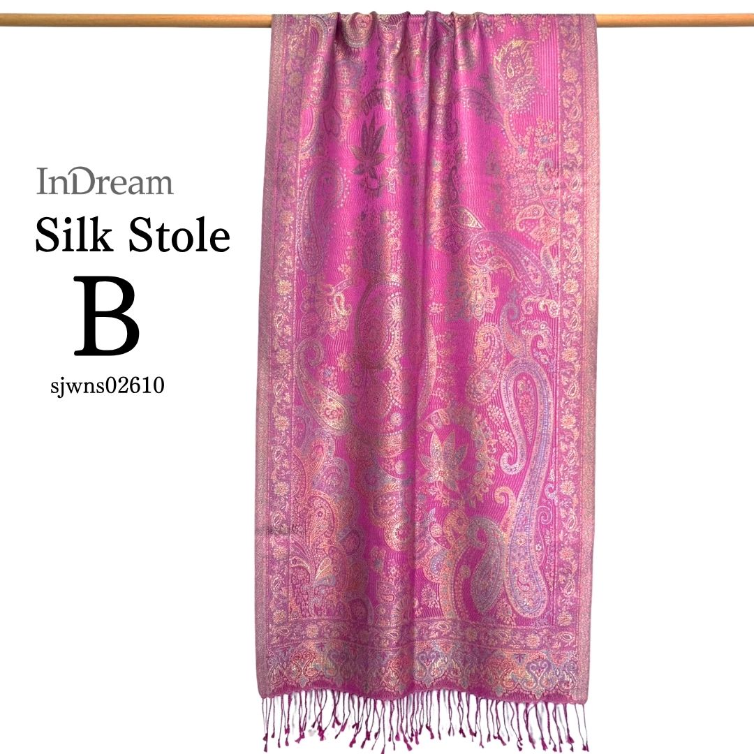InDream ペイズリー柄 シルク ストール 中判 55cmx180cm スカーフ パープル クリスマス ギフト おしゃれ 誕生日 プレゼント おしゃれ 50代 60代 70代 80代 ひざ掛け