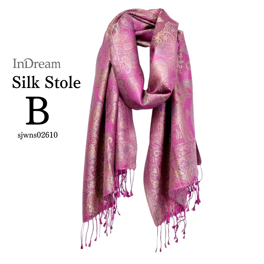 InDream ペイズリー柄 シルク ストール 中判 55cmx180cm スカーフ パープル クリスマス ギフト おしゃれ 誕生日 プレゼント おしゃれ 50代 60代 70代 80代 ひざ掛け
