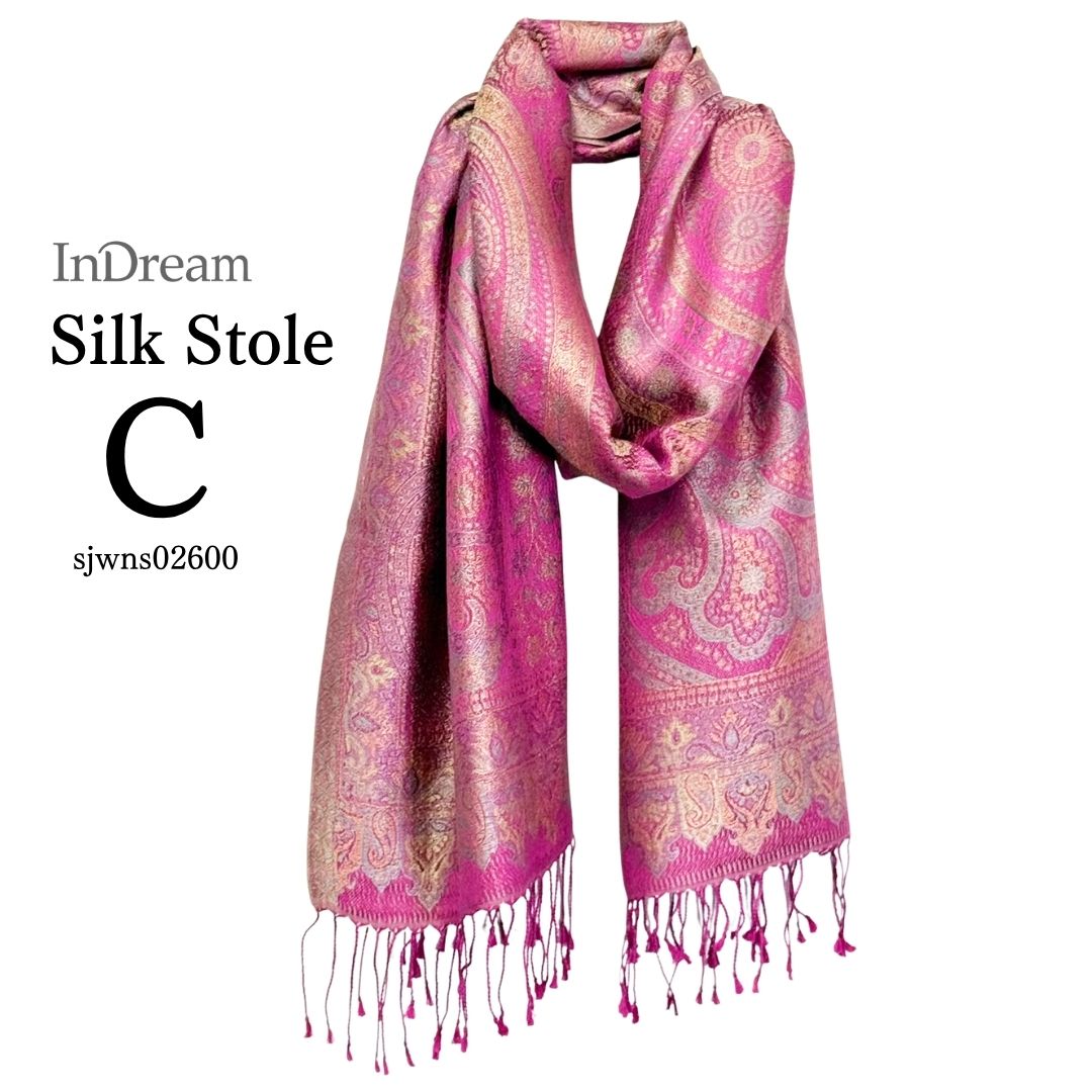 InDream ペイズリー柄 シルク ストール 中判 55cmx180cm スカーフ パープル クリスマス ギフト おしゃれ 誕生日 プレゼント おしゃれ 50代 60代 70代 80代 ひざ掛け