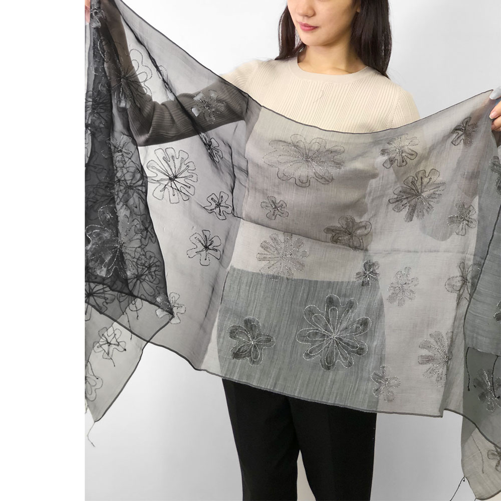 InDream ストール パーティー 刺繍 シルクウール/オーガンジー 結婚式 パーティー 黒 ブラック  クリスマス ギフト おしゃれ 誕生日 プレゼント 春夏 30代 40代 50代 60代