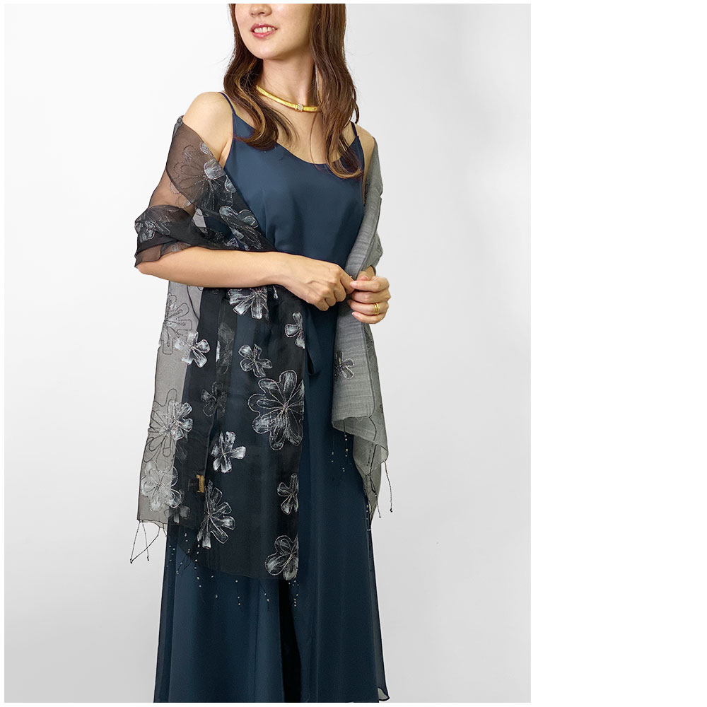 InDream ストール パーティー 刺繍 シルクウール/オーガンジー 結婚式 パーティー 黒 ブラック  クリスマス ギフト おしゃれ 誕生日 プレゼント 春夏 30代 40代 50代 60代