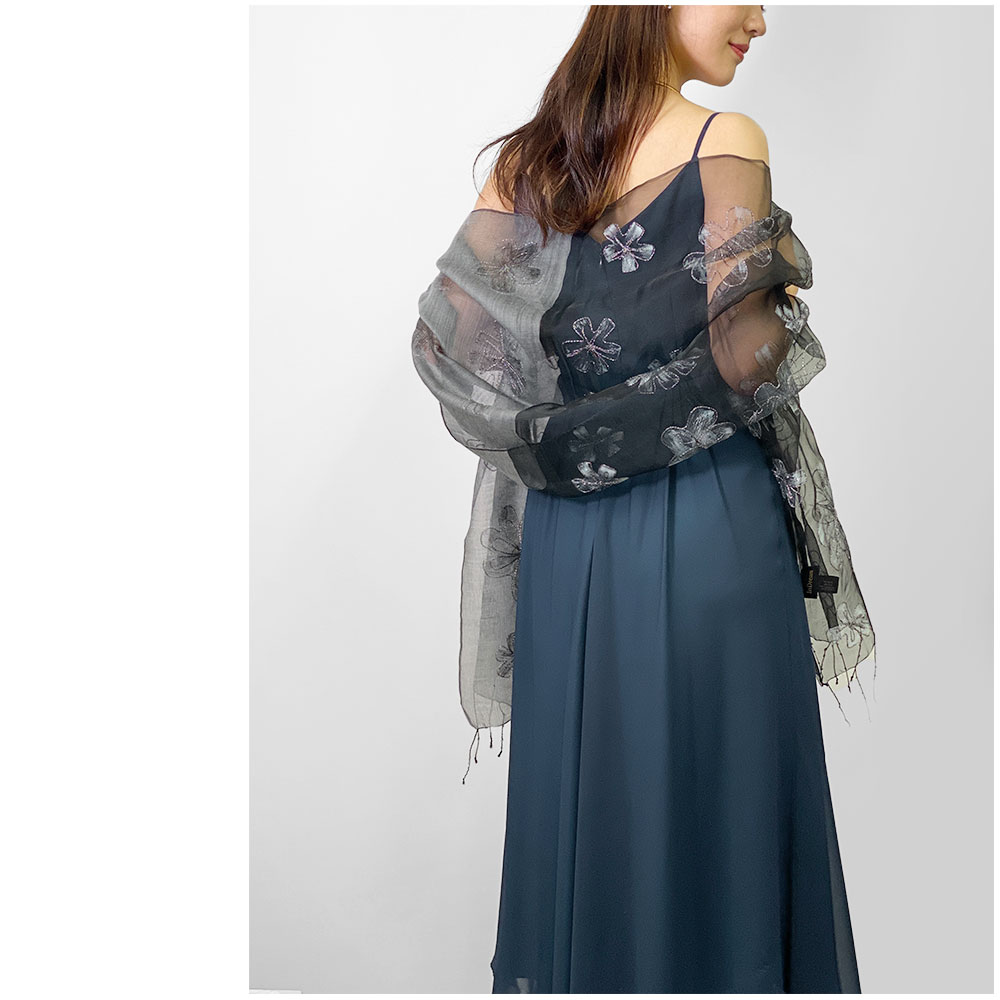 InDream ストール パーティー 刺繍 シルクウール/オーガンジー 結婚式 パーティー 黒 ブラック  クリスマス ギフト おしゃれ 誕生日 プレゼント 春夏 30代 40代 50代 60代