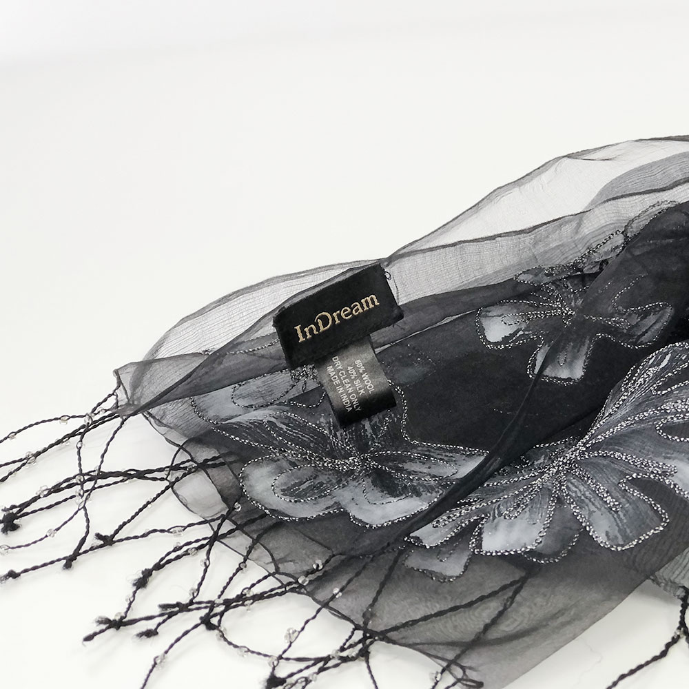 InDream ストール パーティー 刺繍 シルクウール/オーガンジー 結婚式 パーティー 黒 ブラック  クリスマス ギフト おしゃれ 誕生日 プレゼント 春夏 30代 40代 50代 60代