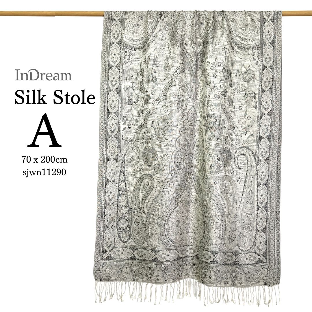 InDream ペイズリー柄 シルク ストール 大判［70cmx200cm］シルバー グレー 人気 秋 冬 クリスマス ギフト 誕生日 プレゼント クリスマス ギフト 50代 60代 70代 80代 おしゃれ ひざ掛け メンズ マフラー 女性