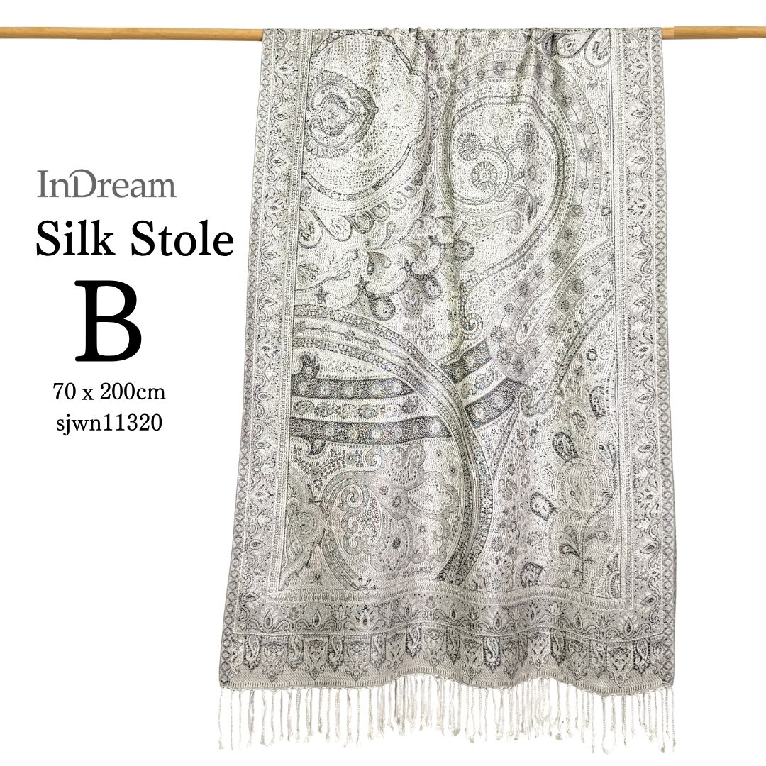 InDream ペイズリー柄 シルク ストール 大判［70cmx200cm］シルバー グレー 人気 秋 冬 クリスマス ギフト 誕生日 プレゼント クリスマス ギフト 50代 60代 70代 80代 おしゃれ ひざ掛け メンズ マフラー 女性