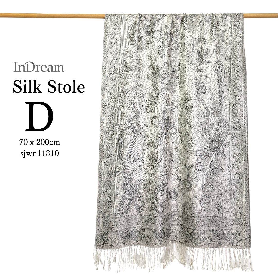 InDream ペイズリー柄 シルク ストール 大判［70cmx200cm］シルバー グレー 人気 秋 冬 クリスマス ギフト 誕生日 プレゼント クリスマス ギフト 50代 60代 70代 80代 おしゃれ ひざ掛け メンズ マフラー 女性