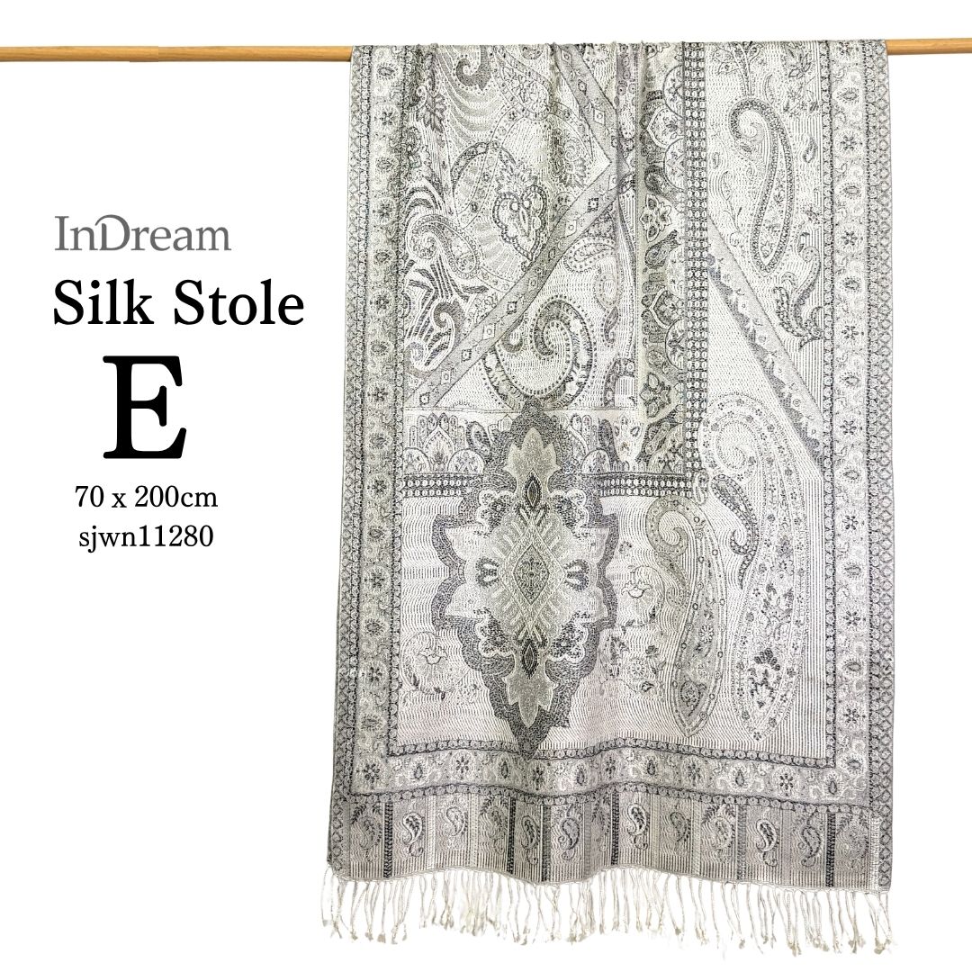 InDream ペイズリー柄 シルク ストール 大判［70cmx200cm］シルバー グレー 人気 秋 冬 クリスマス ギフト 誕生日 プレゼント クリスマス ギフト 50代 60代 70代 80代 おしゃれ ひざ掛け メンズ マフラー 女性