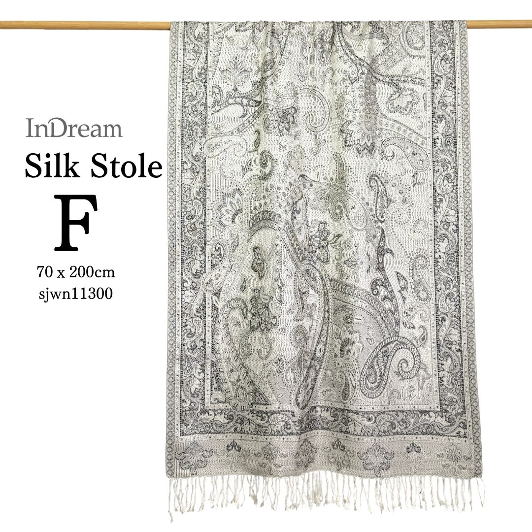InDream ペイズリー柄 シルク ストール 大判［70cmx200cm］シルバー グレー 人気 秋 冬 クリスマス ギフト 誕生日 プレゼント クリスマス ギフト 50代 60代 70代 80代 おしゃれ ひざ掛け メンズ マフラー 女性