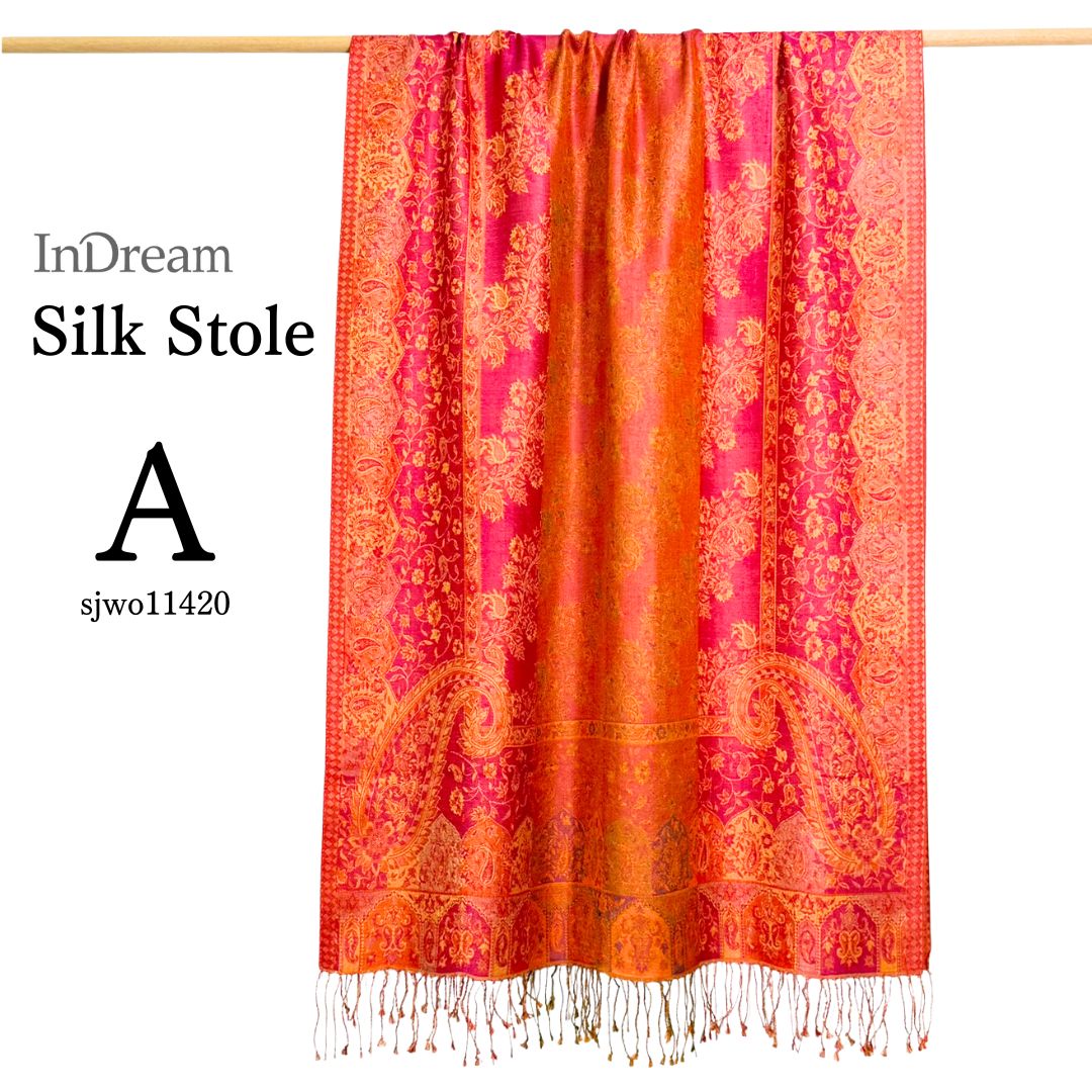 InDream ペイズリー柄 シルク ストール 大判 70cmx200cm ショール 赤 橙 マフラ― プレゼント ギフト おしゃれ 誕生日 40代 50代 60代 70代 80代