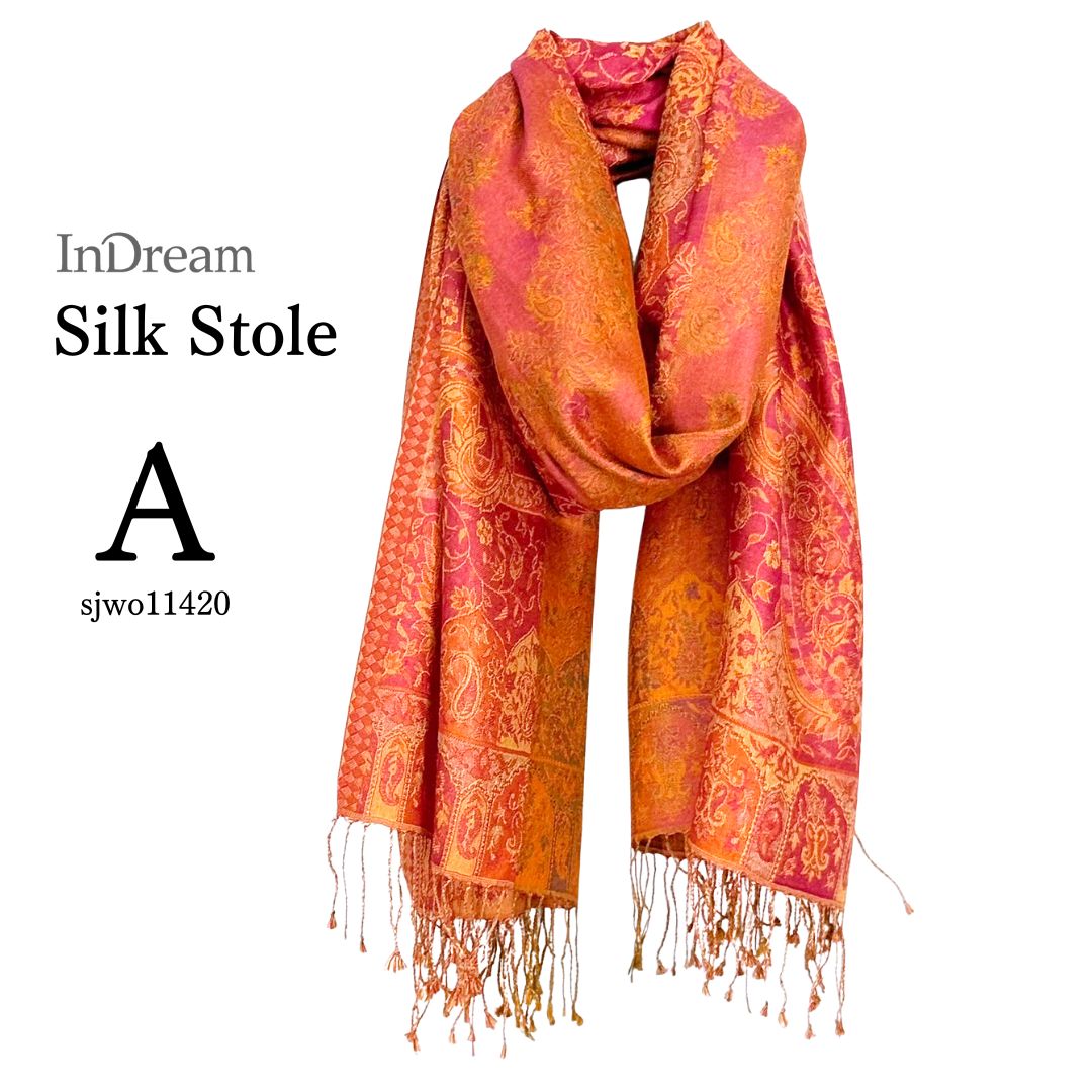 InDream ペイズリー柄 シルク ストール 大判 70cmx200cm ショール 赤 橙 マフラ― プレゼント ギフト おしゃれ 誕生日 40代 50代 60代 70代 80代