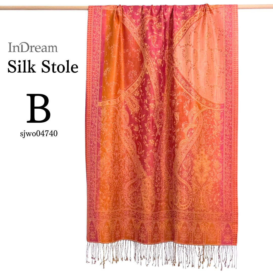 InDream ペイズリー柄 シルク ストール 大判 70cmx200cm ショール 赤 橙 マフラ― プレゼント ギフト おしゃれ 誕生日 40代 50代 60代 70代 80代