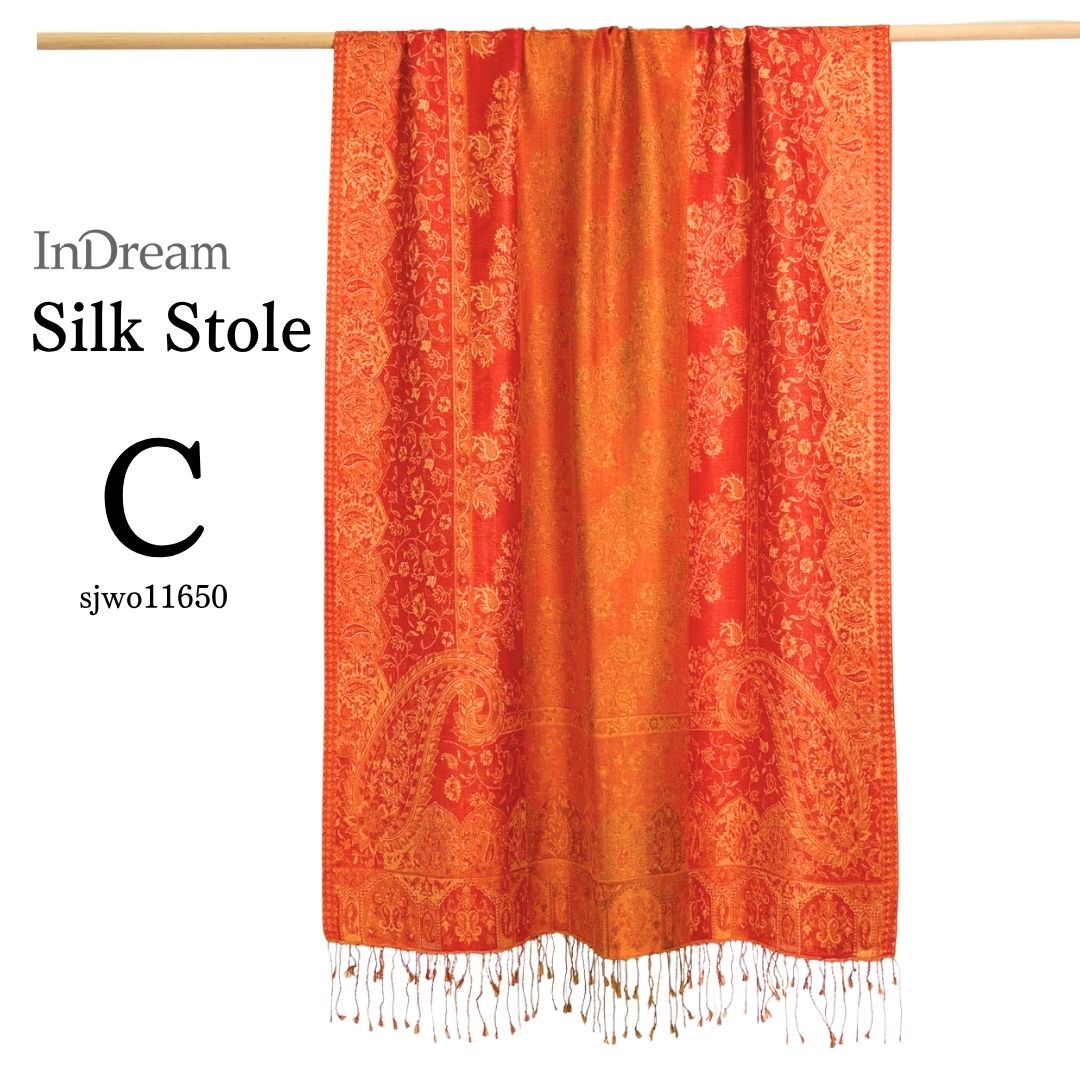 InDream ペイズリー柄 シルク ストール 大判 70cmx200cm ショール 赤 橙 マフラ― プレゼント ギフト おしゃれ 誕生日 40代 50代 60代 70代 80代