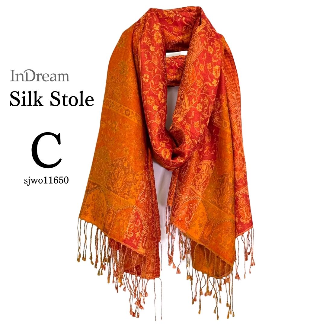 InDream ペイズリー柄 シルク ストール 大判 70cmx200cm ショール 赤 橙 マフラ― プレゼント ギフト おしゃれ 誕生日 40代 50代 60代 70代 80代