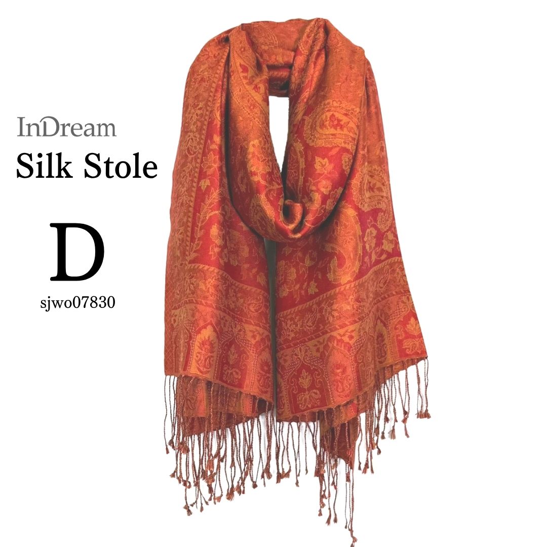 InDream ペイズリー柄 シルク ストール 大判 70cmx200cm ショール 赤 橙 マフラ― プレゼント ギフト おしゃれ 誕生日 40代 50代 60代 70代 80代