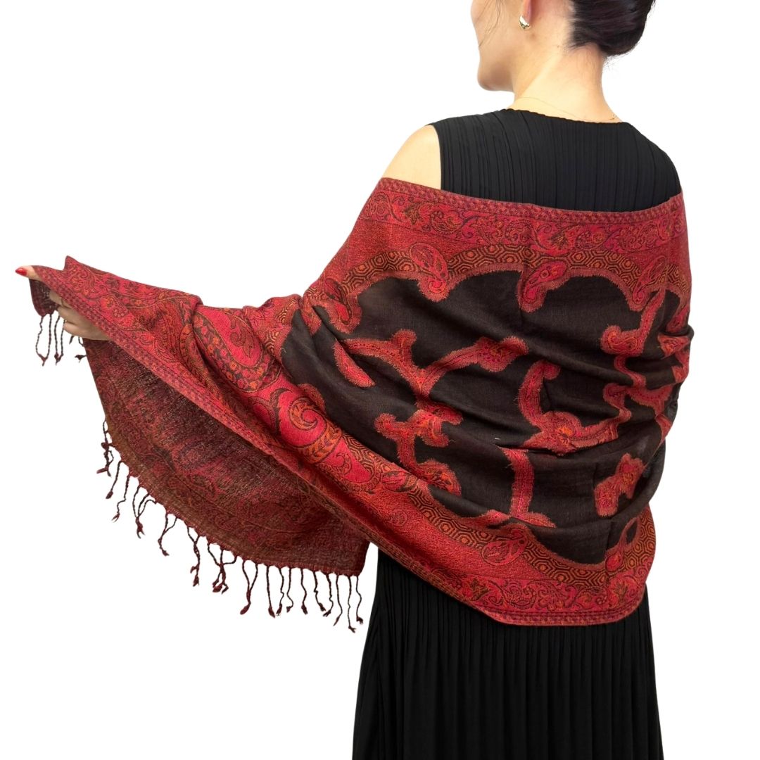 InDream ペイズリー柄 ウール ストール 大判 ［65cmx190cm］赤 ダーク レッド 還暦祝い 誕生日 プレゼント クリスマス ギフト 50代 60代 70代 80代 おしゃれ 秋 冬  結婚式 着物 ショール