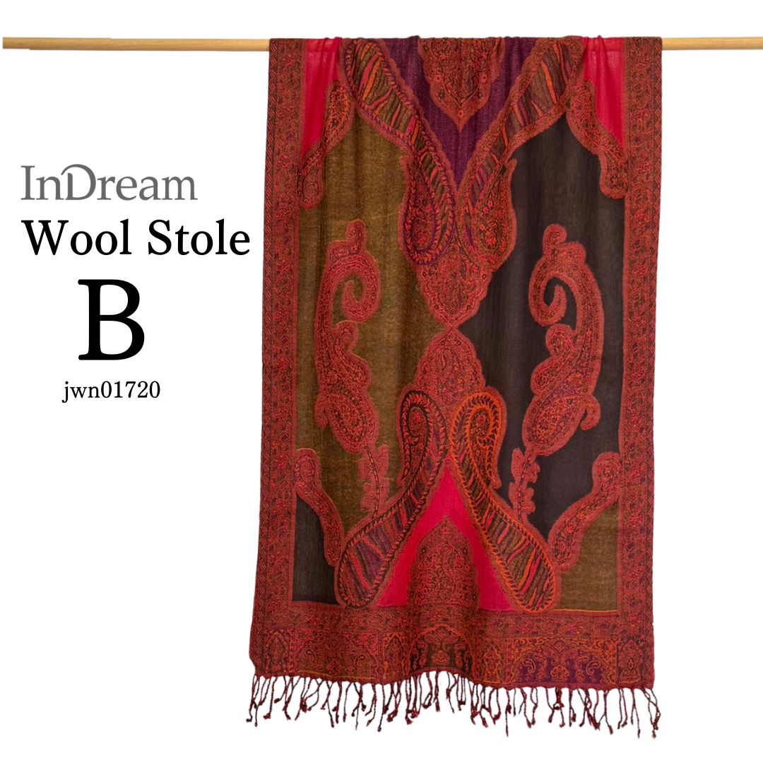 InDream ペイズリー柄 ウール ストール 大判 ［65cmx190cm］赤 ダーク レッド 還暦祝い 誕生日 プレゼント クリスマス ギフト 50代 60代 70代 80代 おしゃれ 秋 冬  結婚式 着物 ショール