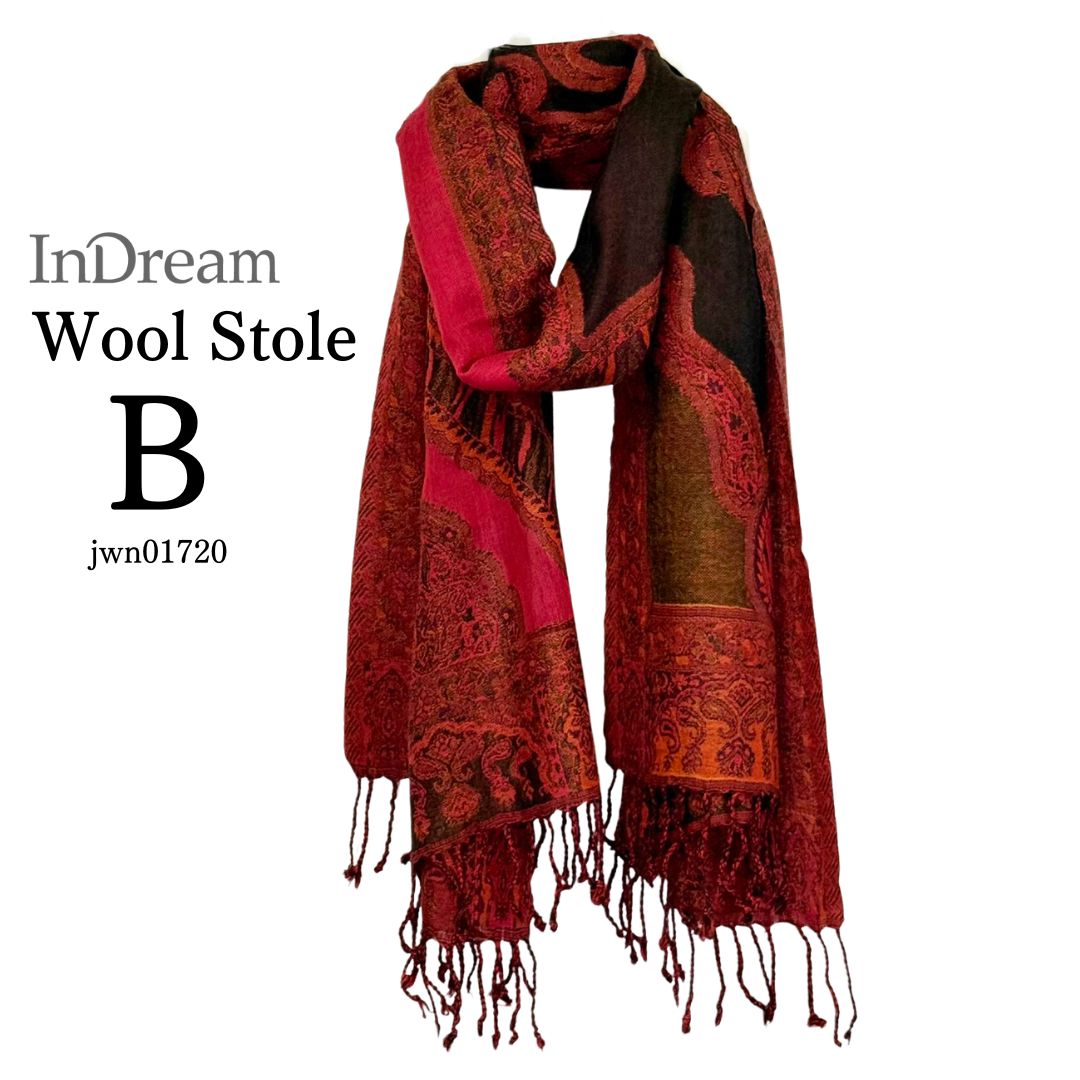 InDream ペイズリー柄 ウール ストール 大判 ［65cmx190cm］赤 ダーク レッド 還暦祝い 誕生日 プレゼント クリスマス ギフト 50代 60代 70代 80代 おしゃれ 秋 冬  結婚式 着物 ショール