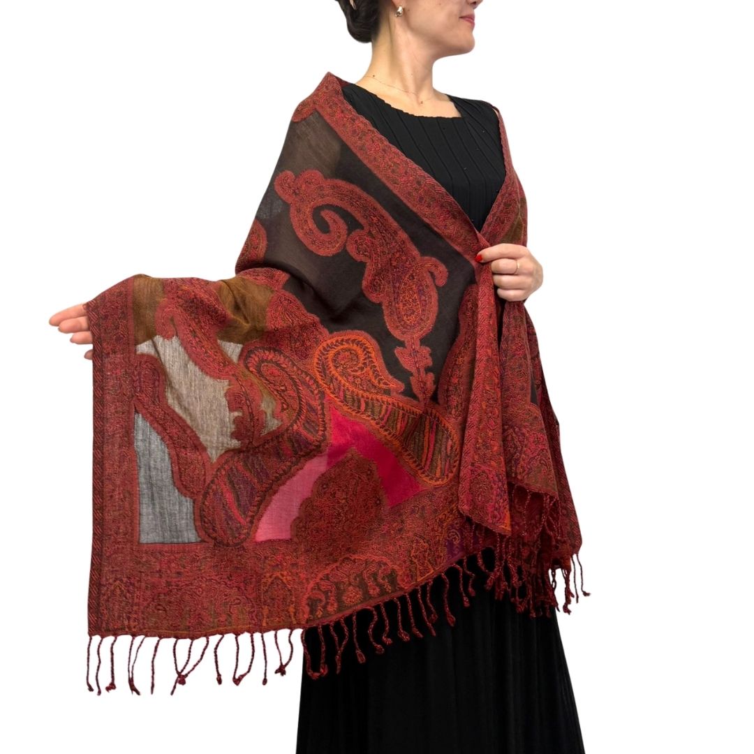 InDream ペイズリー柄 ウール ストール 大判 ［65cmx190cm］赤 ダーク レッド 還暦祝い 誕生日 プレゼント クリスマス ギフト 50代 60代 70代 80代 おしゃれ 秋 冬  結婚式 着物 ショール