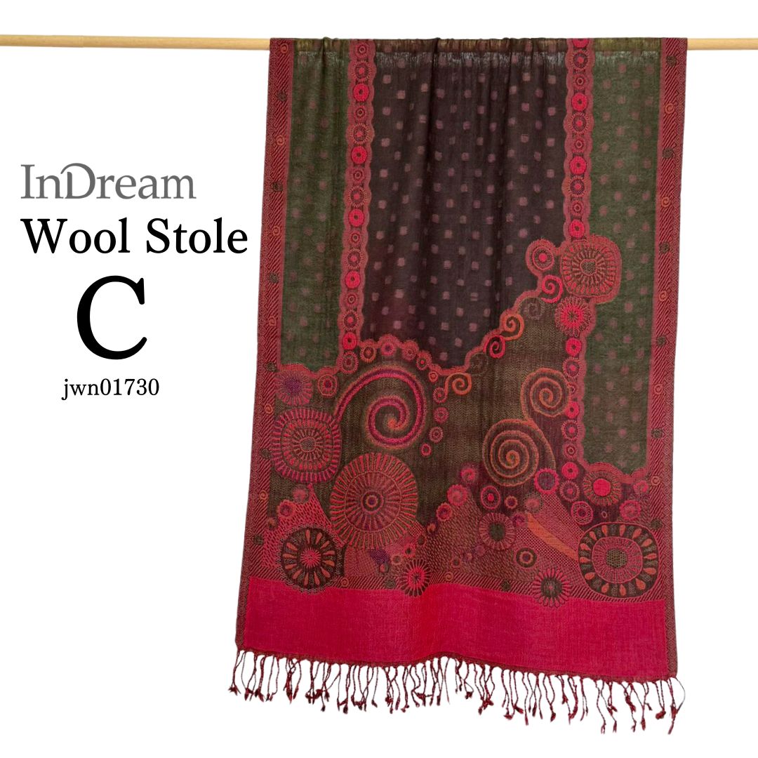 InDream ペイズリー柄 ウール ストール 大判 ［65cmx190cm］赤 ダーク レッド 還暦祝い 誕生日 プレゼント クリスマス ギフト 50代 60代 70代 80代 おしゃれ 秋 冬  結婚式 着物 ショール