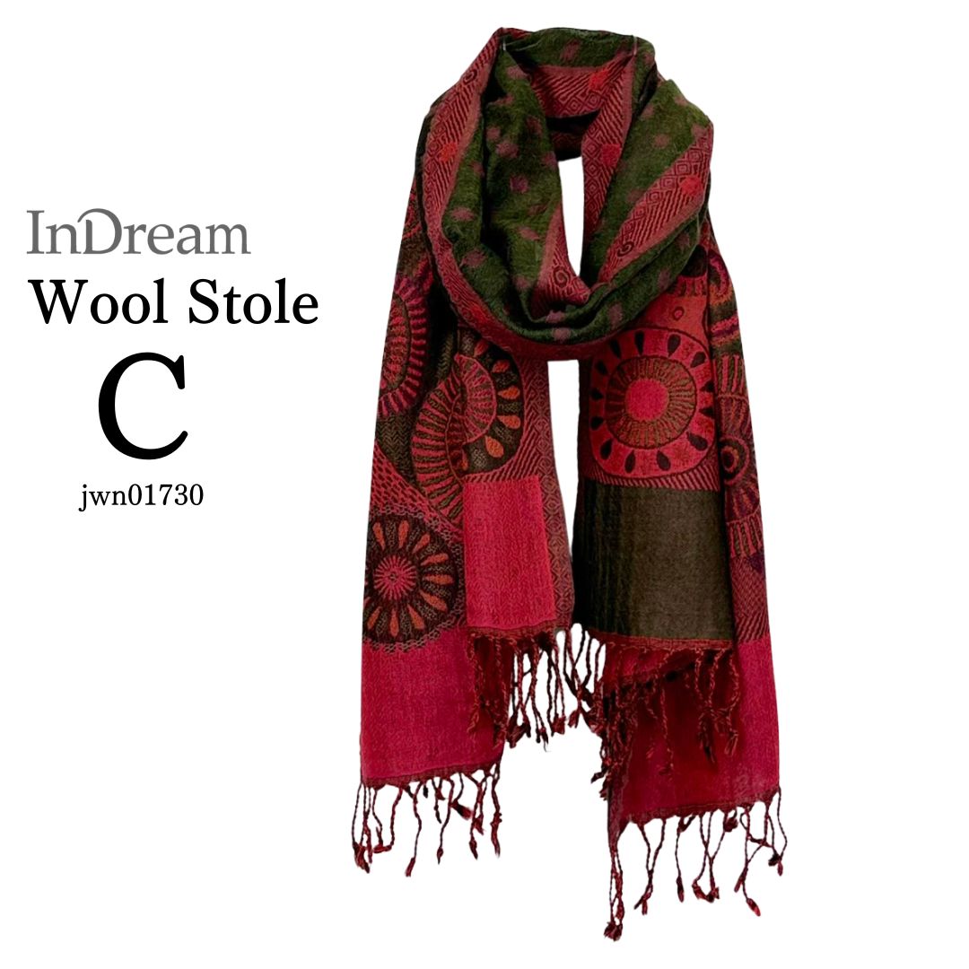 InDream ペイズリー柄 ウール ストール 大判 ［65cmx190cm］赤 ダーク レッド 還暦祝い 誕生日 プレゼント クリスマス ギフト 50代 60代 70代 80代 おしゃれ 秋 冬  結婚式 着物 ショール