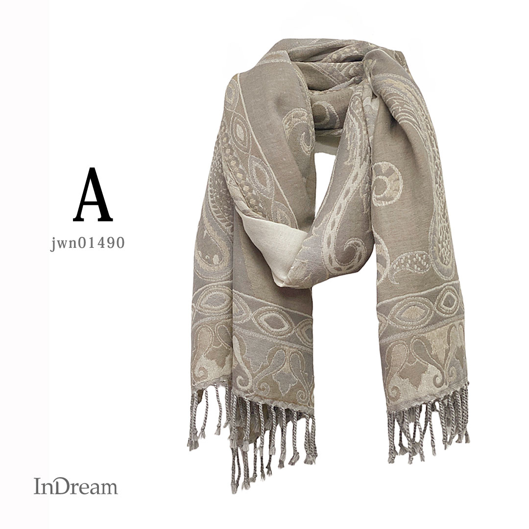 InDream ペイズリー柄 ウール ストール 一点もの 大判 ［68cmx180cm］ ベージュ/グレー ピンク/グレー 母の日 ギフト おしゃれ 誕生日 プレゼント 秋冬 ひざ掛け スカーフ レディース メンズ マフラー 女性