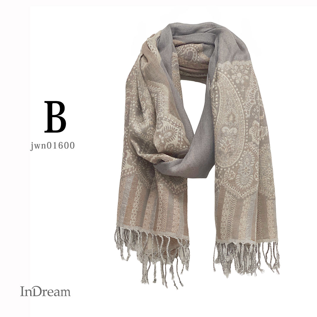 InDream ペイズリー柄 ウール ストール 一点もの 大判 ［68cmx180cm］ ベージュ/グレー ピンク/グレー 母の日 ギフト おしゃれ 誕生日 プレゼント 秋冬 ひざ掛け スカーフ レディース メンズ マフラー 女性