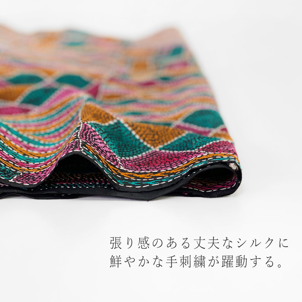 InDream カンタ 刺繍 ストール 50×200cm インド 刺し子 インテリア スカーフ ピンク オレンジ シルク 母の日 ギフト 誕生日 プレゼント 40代 50代 60代 70代