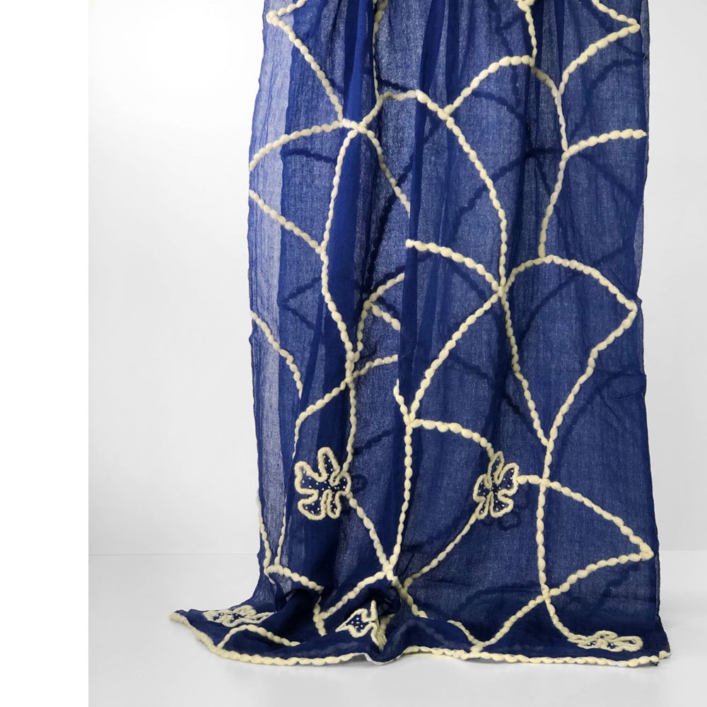 InDream ウールストール インクブルー 白毛糸刺繍 秋冬 カジュアル 春夏 30代 40代 50代 60代