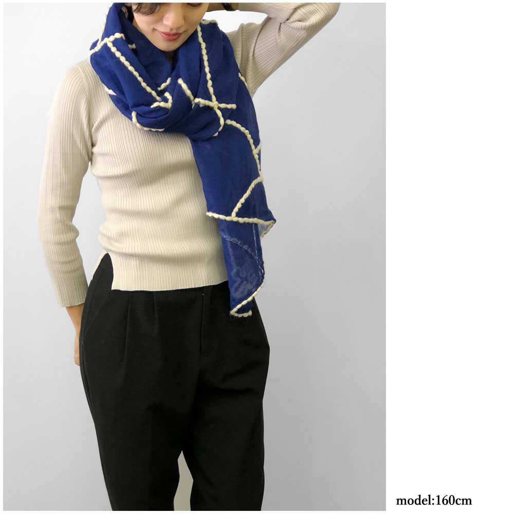 InDream ウールストール インクブルー 白毛糸刺繍 秋冬 カジュアル 春夏 30代 40代 50代 60代