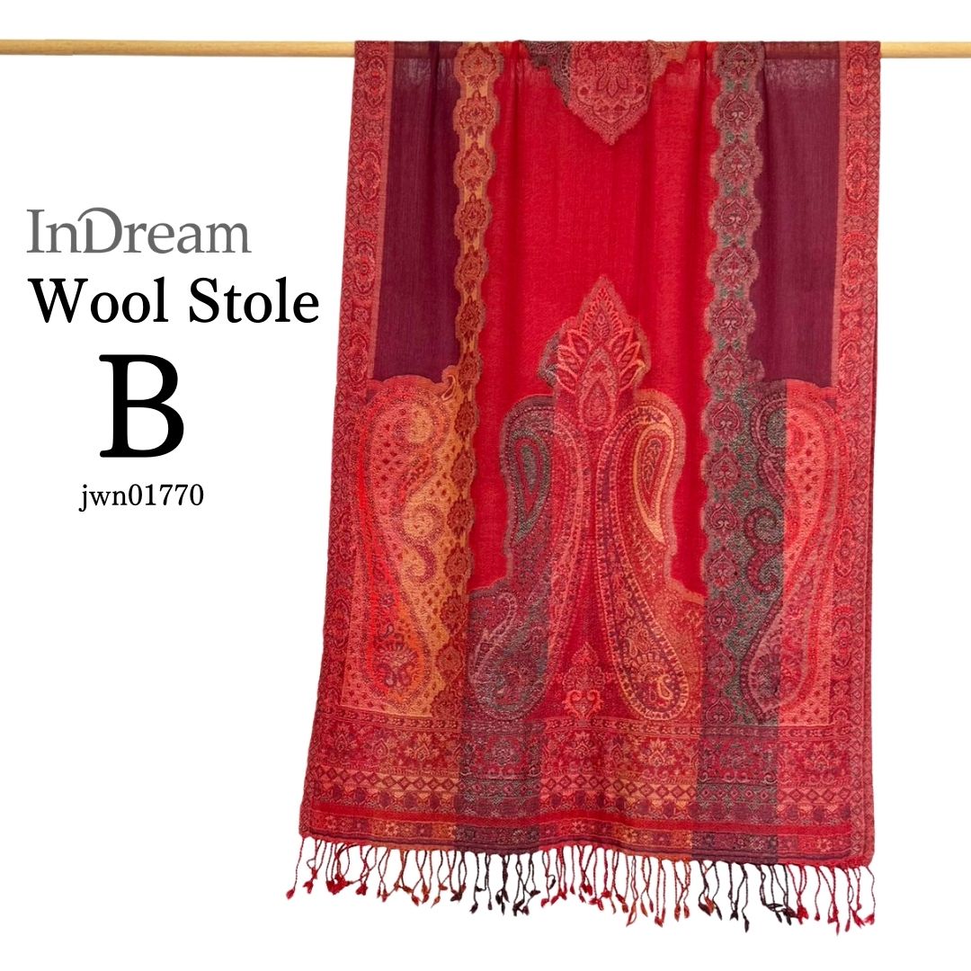 InDream 還暦祝い ペイズリー柄 ウール ストール 赤 一点もの 大判 ［70cmx180cm］誕生日 プレゼント クリスマス ギフト 50代 60代 70代 80代 おしゃれ 秋 冬  結婚式 着物 ショール