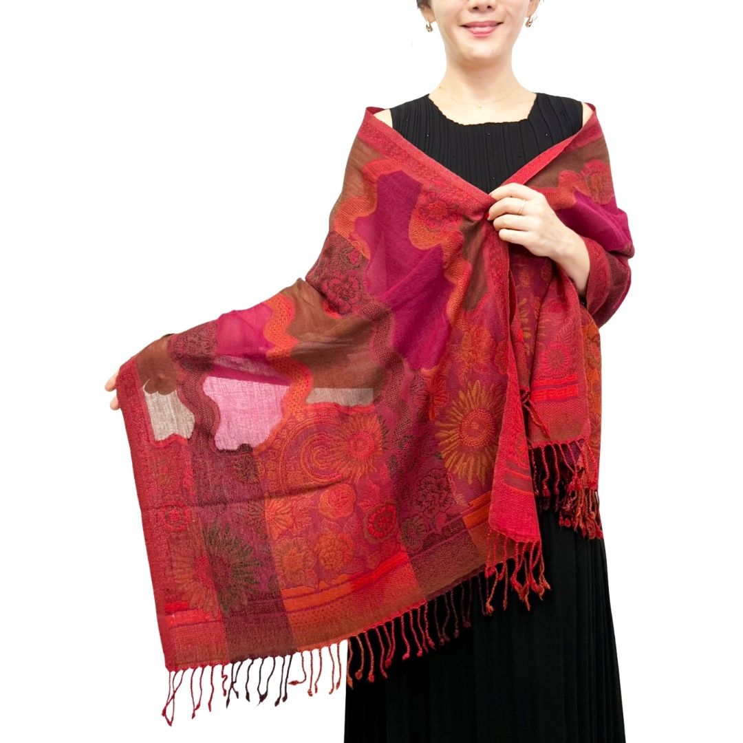 InDream 還暦祝い ペイズリー柄 ウール ストール 赤 一点もの 大判 ［70cmx180cm］誕生日 プレゼント クリスマス ギフト 50代 60代 70代 80代 おしゃれ 秋 冬  結婚式 着物 ショール