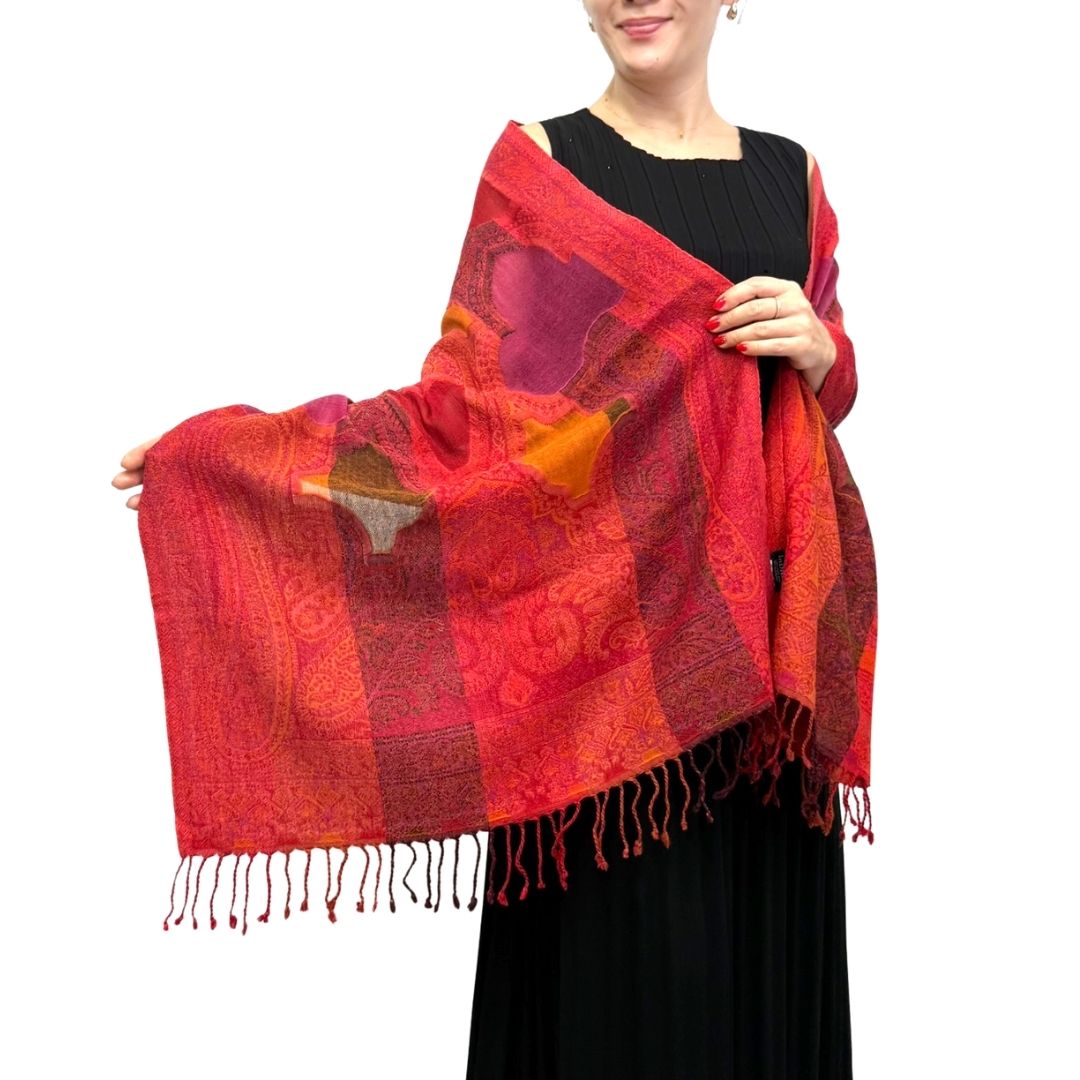 InDream 還暦祝い ペイズリー柄 ウール ストール 赤 一点もの 大判 ［70cmx180cm］誕生日 プレゼント クリスマス ギフト 50代 60代 70代 80代 おしゃれ 秋 冬  結婚式 着物 ショール